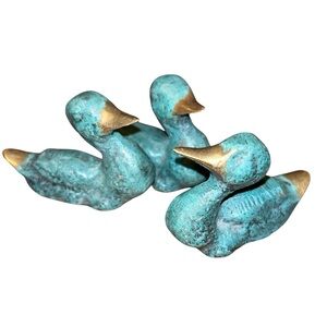 3 Heavy Mini Vintage Duck Figurines with Brass Detailing EUC